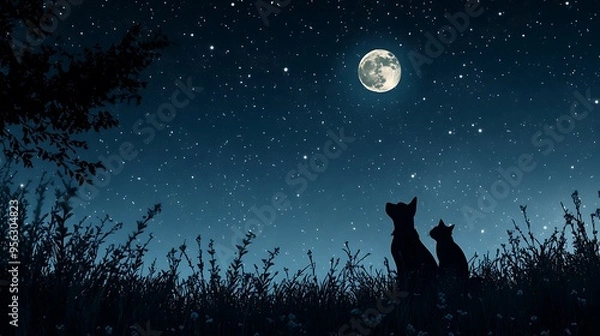 Fototapeta A dog and cat cuddling and playing under the stars, with a clear night sky and a full moon