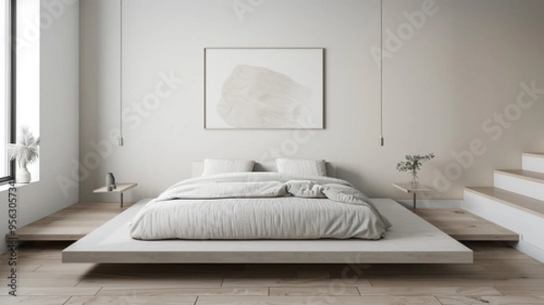 Fototapeta a minimalist bedroom with a floating bed and minimalist artwork