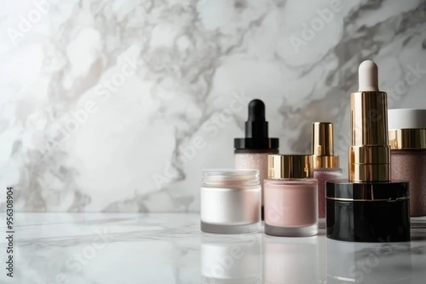 Fototapeta A collection of cosmetic products arranged on a marble surface.