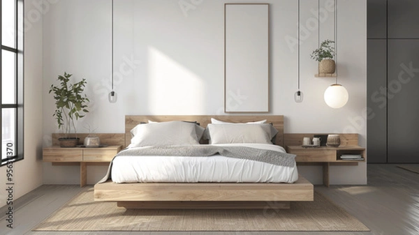 Fototapeta a minimalist bedroom with floating nightstands and minimal accessories