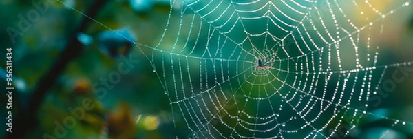 Obraz Conceptual image of a spider web with dew drops and a spider in the center against a background of green trees.