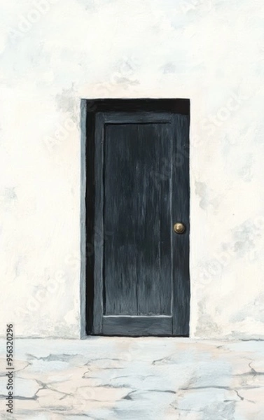 Fototapeta A simple, black door set against a white wall, inviting exploration and sparking curiosity.