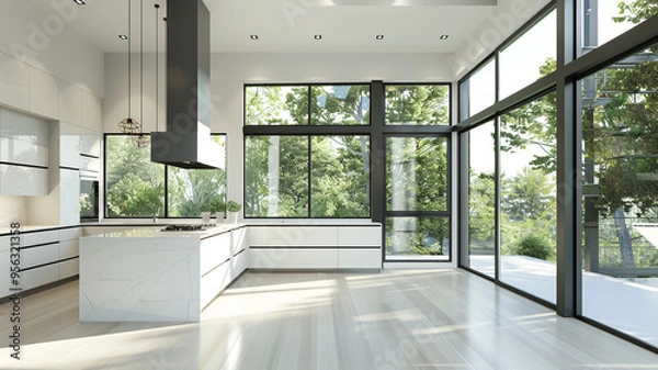 Fototapeta a minimalist kitchen with large windows and abundant natural light