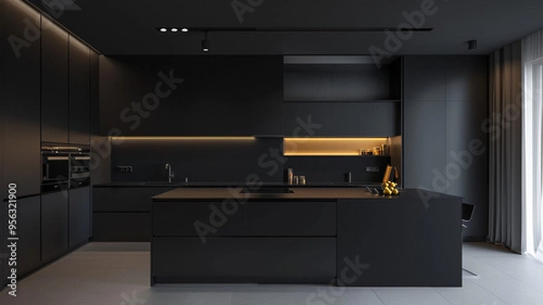 Fototapeta a minimalist kitchen with matte black finishes and minimalist decor