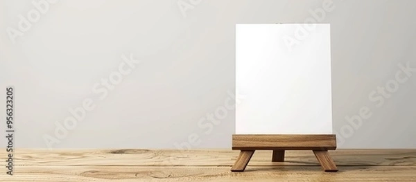 Fototapeta Wooden table with a menu holder displayed against a white backdrop offering ample space for text beside the image
