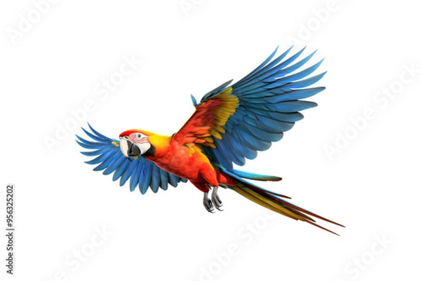 Fototapeta The image features a red scarlet macaw bird, its wings spread out. Suitable for website backgrounds or marketing materials for nature, wildlife, tropical themes, and bird enthusiasts
