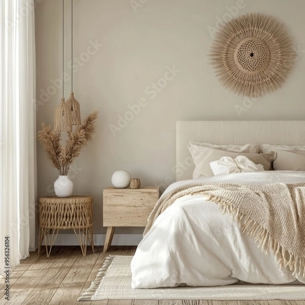 Fototapeta Modern bedroom with beige stucco walls in a minimalist design.