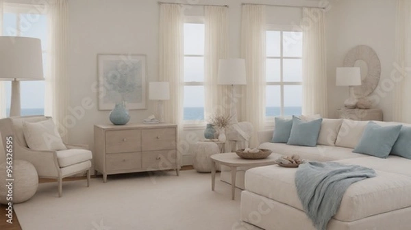 Fototapeta Ultra-realistic sea-side master bedroom with photo frames and other accessories interior design image template. White bedroom interior image.