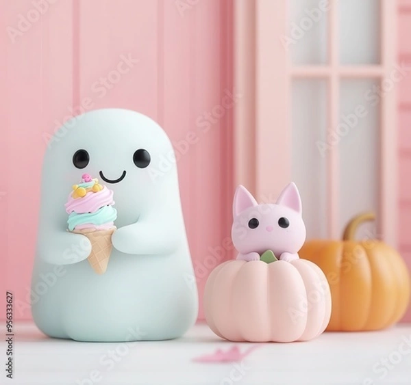 Fototapeta A cute pastel Halloween scene featuring a friendly ghost, playful animals, and festive pumpkins, perfect for seasonal decor.