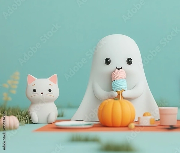 Fototapeta A cute ghost character enjoys ice cream with a playful cat and bat, surrounded by cheerful pumpkins in a whimsical Halloween scene.