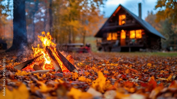Fototapeta Cozy campfire glowing brightly in autumn, surrounded by colorful fallen leaves and a rustic cabin in the background