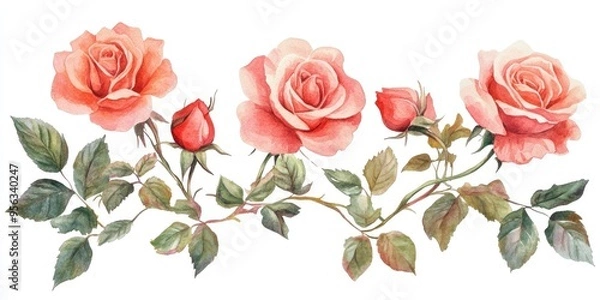 Fototapeta Watercolor roses on a white backdrop Isolated elements ideal for wedding designs printed materials and collage creation