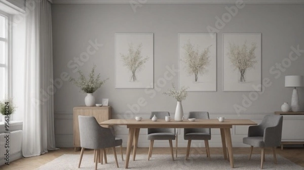 Fototapeta High-resolution dining area with photo frames on the wall, other accessories interior design image template. Dining room interior image.
