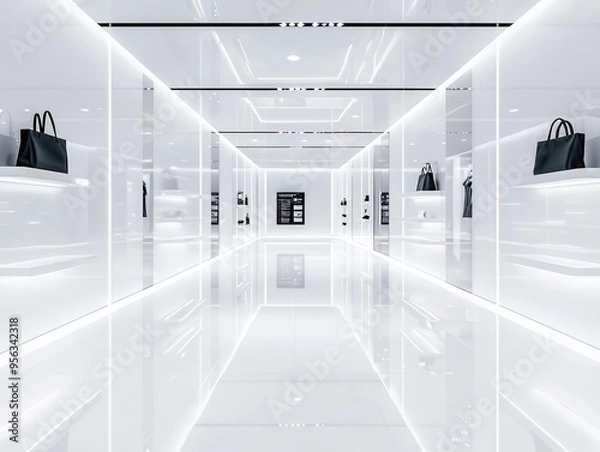 Fototapeta A modern store with sleek, minimalistic design and digital sale displays, minimalist, high-tech, sharp contrasts