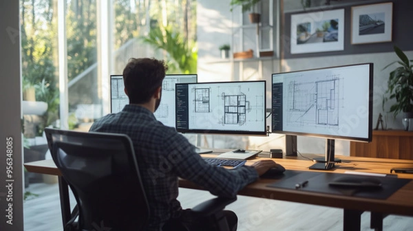 Obraz architect working on computer with CAD software in modern office, architect using CAD software on computer in modern office