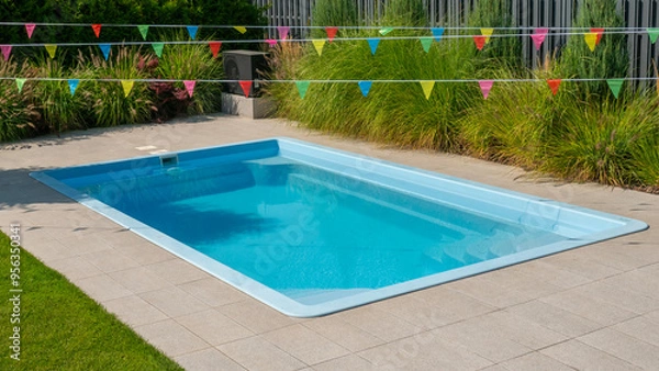 Obraz Private backyard swimming pool with colorful flags.