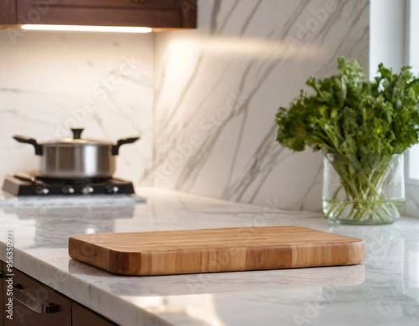 Obraz A wooden cutting board sits on a white marble countertop against blurred interior on background. Mockup of product display at kitchen table, copy space. Ai generated images