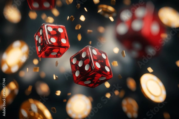 Obraz Red dice and golden casino chips floating in the air, evoking the excitement and risk of gambling.