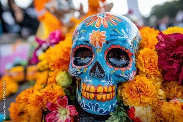 Fototapeta A festively decorated skull surrounded by vibrant marigold flowers, representing a traditional cultural celebration with colorful and symbolic elements.