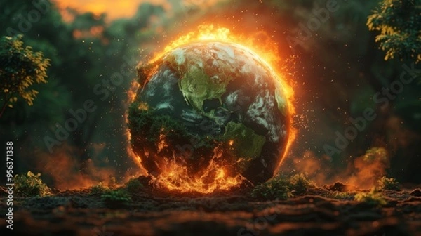 Fototapeta Earth in Danger. Earth engulfed in flames or covered in pollution . Global warming concept
