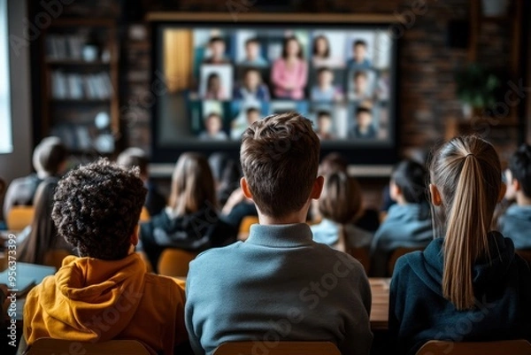 Fototapeta A group of students attentively watching a screen in a classroom, suggesting an educational or learning environment, with an emphasis on engagement and modern technology.