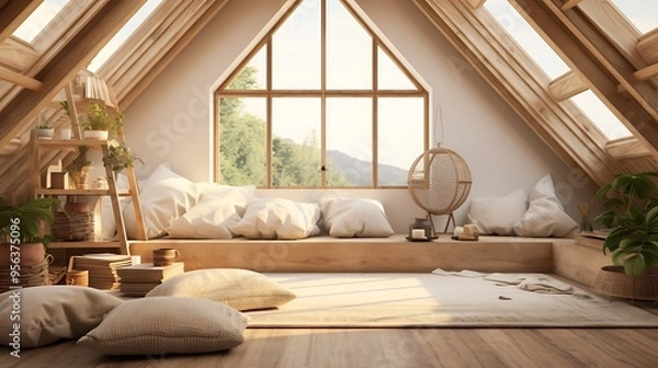 Fototapeta A cozy attic space with a meditation cushion arranged for a peaceful and focused practice amid natural light.