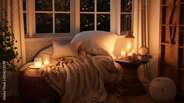 Fototapeta A cozy reading nook bathed in soft candlelight, featuring a meditation cushion for a calming evening meditation.
