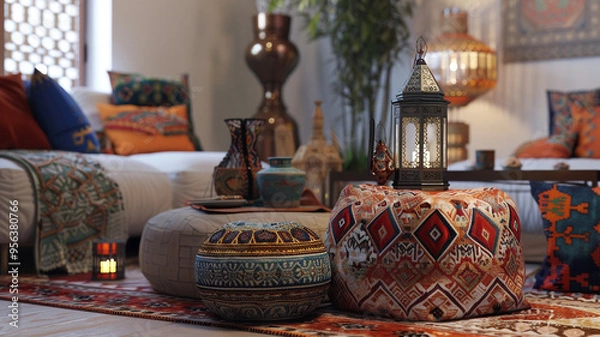 Obraz a boho-inspired lounge area with a Moroccan lantern and poufs