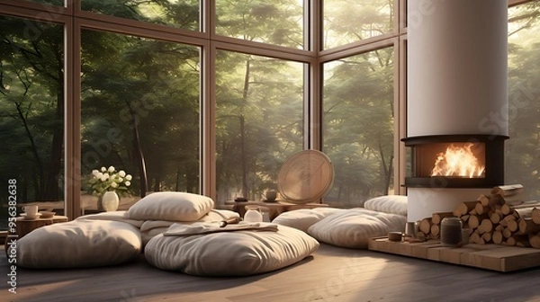Fototapeta A modern living room with large windows, featuring a meditation cushion set for a calming and mindful evening session.