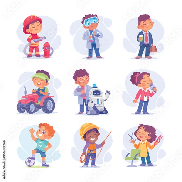 Fototapeta Child Profession Doing Different Job in Costume Vector Set