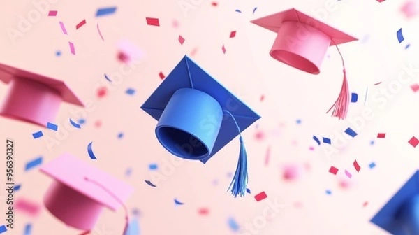 Fototapeta 3D rendering of blue and pink graduation caps floating in the air with confetti on a light background,