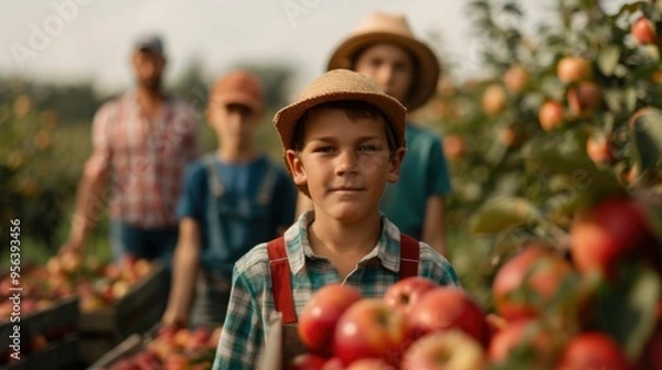 Fototapeta Heartwarming Scene of a Family Spending Time Together Picking Apples in a Picturesque Orchard During the Autumn Harvest Season