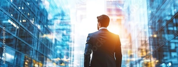 Obraz Photo of a businessman looking at an office building.