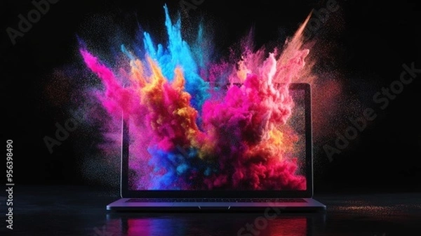 Obraz Colorful photo of laptop with dark screen and color explosion in studio, created with Generative AI.