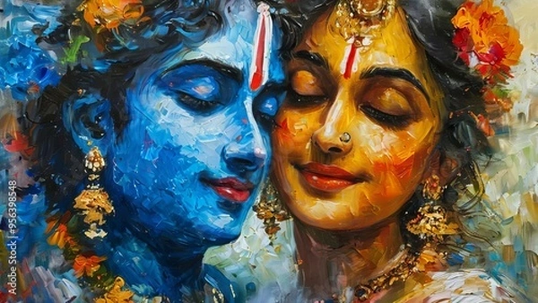 Obraz Krishna and Radha portrait symbolizing their love in a beautiful artistic painting style, depicting divine connection and spirituality new beautiful stock image illustration AI