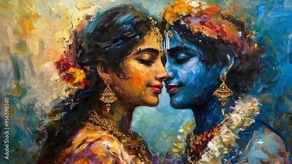 Fototapeta Krishna and Radha portrait symbolizing their love in a beautiful artistic painting style, depicting divine connection and spirituality new beautiful stock image illustration AI