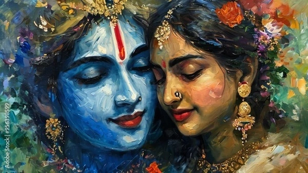 Fototapeta Krishna and Radha portrait symbolizing their love in a beautiful artistic painting style, depicting divine connection and spirituality new beautiful stock image illustration AI