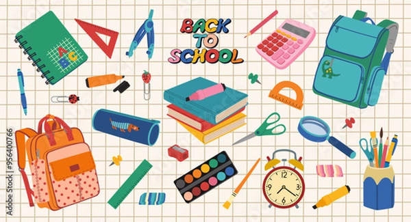 Obraz Back to school banner with school elements. Backpack, textbooks, calculator, pencil case, paints, pens, notebook, magnifying glass, alarm, markers. Hand drawn vector illustration, flat cartoon style.