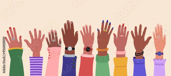Obraz Group of diverse multiracial hands raised up. Team cooperation and communication. International community. Hand drawn vector vector illustration isolated on light background, flat cartoon style.