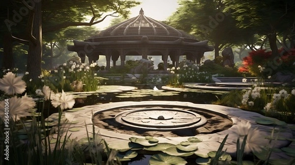 Fototapeta An ornate garden with a meditation cushion set amidst intricate landscaping and sculptures, offering a serene space for reflection.