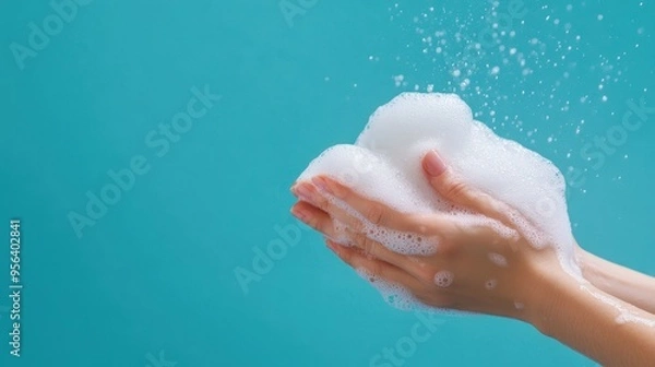 Fototapeta Fresh bubbles in hands against a vibrant turquoise background, showcasing cleanliness and hygiene with soft, foamy texture.