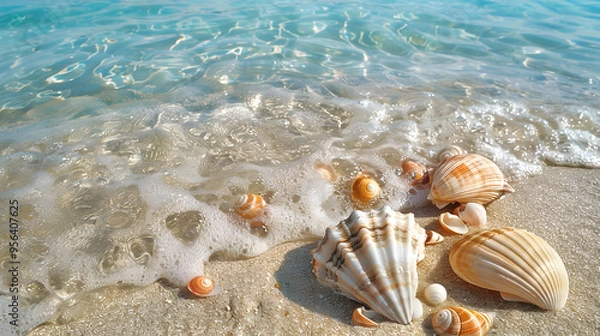 Fototapeta Azure coast of the ocean with palm trees, sand, surf and shells. AI Generated