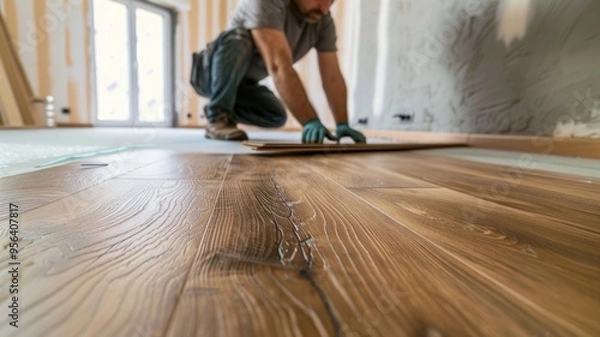 Obraz Installation of new hardwood flooring in a living room by a professional,