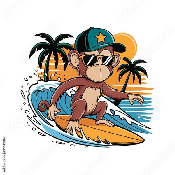 Fototapeta Cute monkey surfing vector illustration