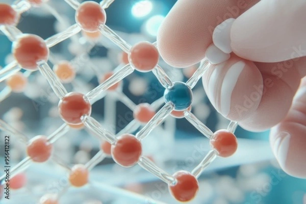 Fototapeta Human hand, carefully holding a single molecule and adding it to a complex chain of interconnected molecules. 