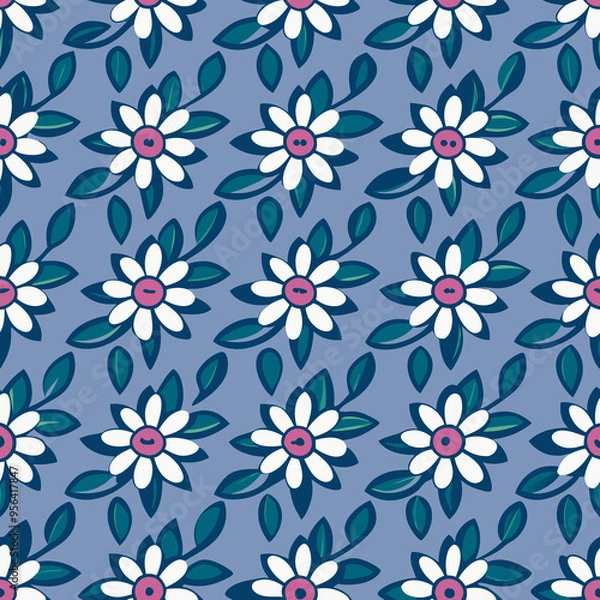 Fototapeta A repeating pattern of white flowers with pink centers and green leaves on a blue background design style
