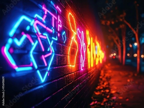 Obraz Glowing graffiti art on a dark urban wall, vibrant and rebellious, street art glowtime, edgy and artistic