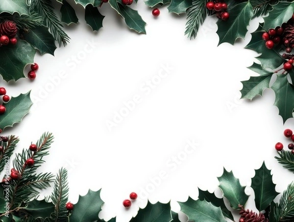 Fototapeta Christmas holly and pine branch border frame with copy space