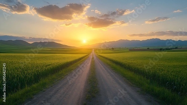 Fototapeta Straight country road and green farmland natural scenery at sunrise in Xinjiang China : Generative AI
