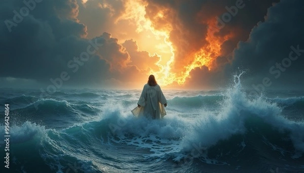 Fototapeta Jesus calming the storm on the Sea of Galilee with a focus on the miraculous event and the calming effect on the disciples